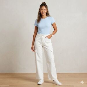 d.jeans White Cargo Pants Size 8 – High Rise Wide Leg Utility Denim Eco-Friendly